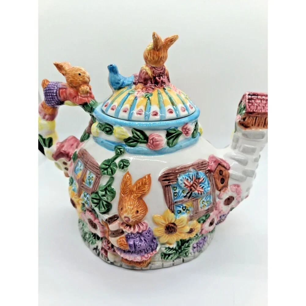 Vintage Bunny Rabbit Garden Teapot – Spring Easter – Merc Asia 1999 – Rare